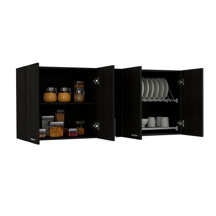 Wall Cabinet 24" H, Four Doors, Two Open Storage Shelves, Two Internal Shelves, Internal Dish And Glass Organizer, Black