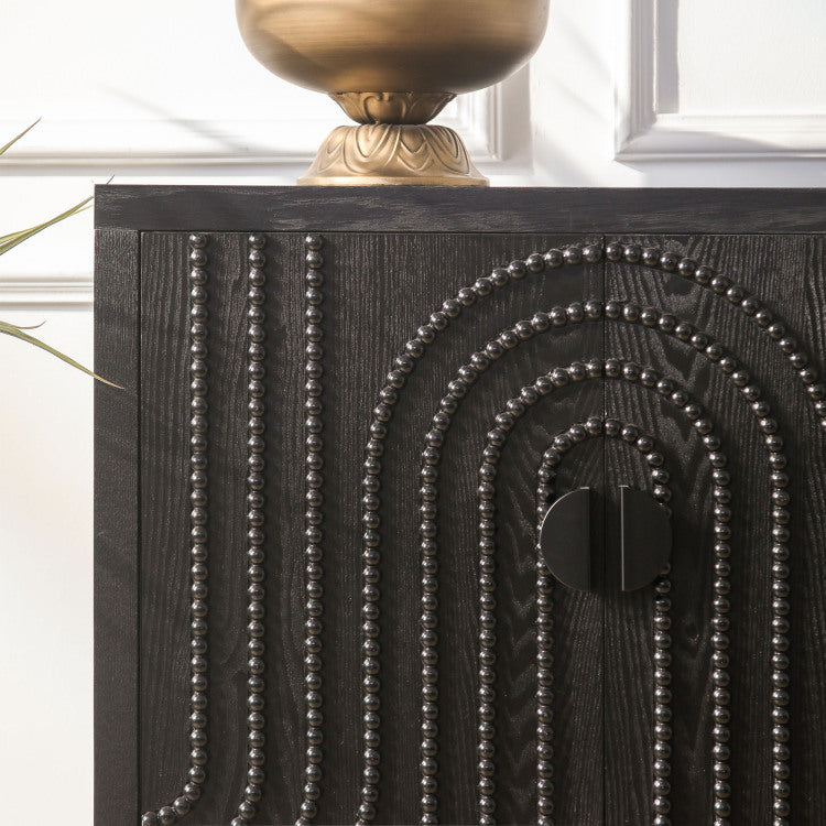 Modern Black Sideboard Cabinet With Decorative Nailhead Accents, Stylish Storage Solution For Dining & Living Rooms