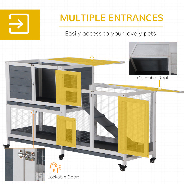 Pawhut Wooden Rabbit Hutch Bunny Hutch Elevated Pet House Cage Small Animal Habitat With No Leak Tray Lockable Door Openable Top For Indoor 57.75" X 18" X 32.5" Grey