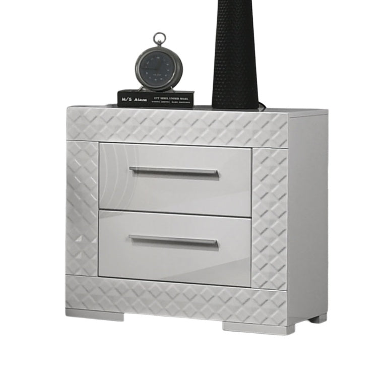 White High Gloss 1Pc Nightstand Metal Side Glide 2 Drawers Bedside Table Chrome Hardware Bedroom Furniture