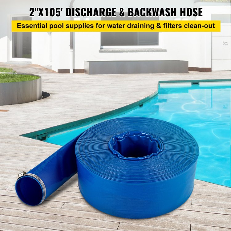 Discharge Hose, 2" X 105', Pvc Fabric Lay Flat Hose, Heavy Duty Backwash Drain Hose With Clamps, Weather Proof & Burst Proof, Ideal For Swimming Pool & Water Transfer, Blue