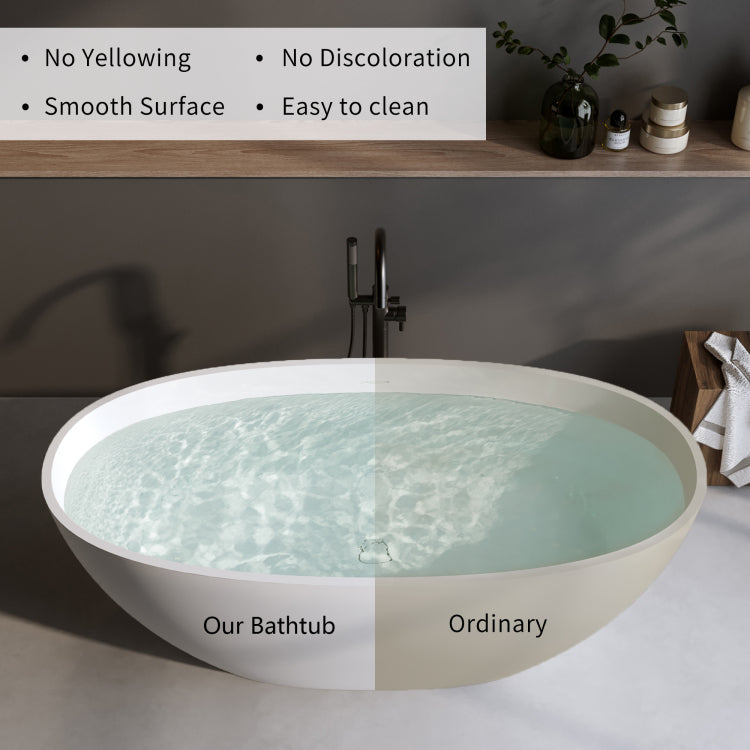 59'' Solid Surface Matte Tub, Solid Surface Soaking Tub, Stone Resin Freestanding Bathtub, Thick Edge Stand Alone Tubs With Overflow, Pop Up Drain, Matte White Oval