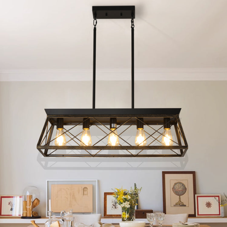 32" Black Gold Industrial 5 Light Pendant Chandelier, Modern Metal Cage Design, Adjustable Hanging Light For Dining Room, Kitchen, Living Room No Bulbs