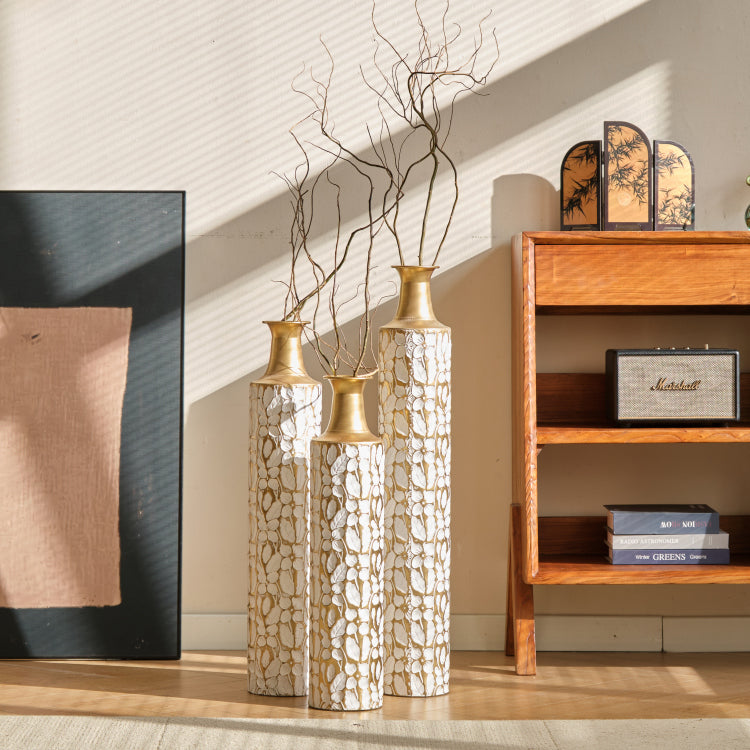 Decorative Metal Vases Set Of 3, 24 28 32.3 Inch Gold Leaf Pattern Floor Vases, White & Gold Tall Vases For Home Decor, Living Room Entryway Decor 5.31In Base Width
