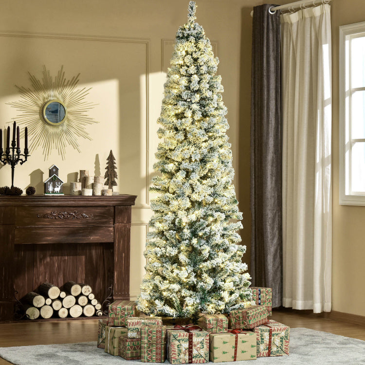 Homcom 7.5Ft Pre Lit Snow Flocked Slim Douglas Fir Artificial Christmas Tree With Realistic Branches, 350 Led Lights And 641 Tips