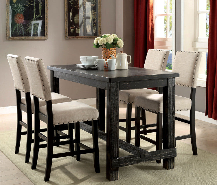 Antique Black Bold Distressed 1Pc Counter Height Dining Table Dining Room Furniture Center Beam For Support Footret