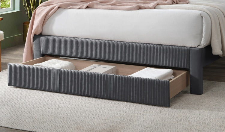 Contemporary 1Pc Queen Size Bed W Storage Drawer Charcoal Corduroy Texture Design Platform Bedframe