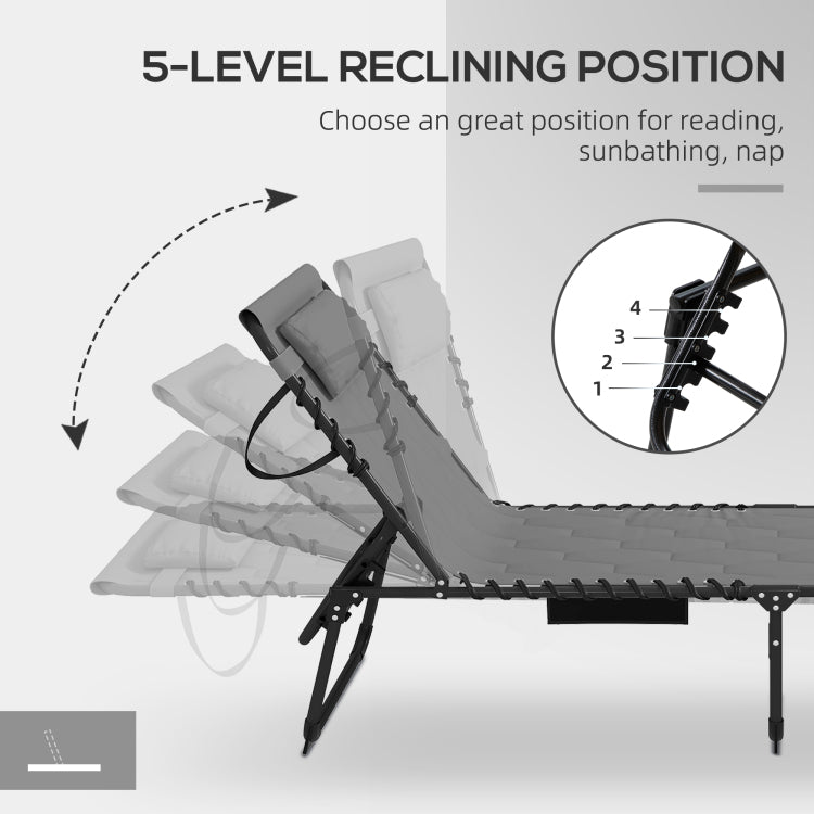 Outsunny Folding Chaise Lounge Set With 5 Level Reclining Back, Outdoor Lounge Tanning Chair With Padded Seat, Side Pocket & Headrest For Beach, Yard, Patio, Gray