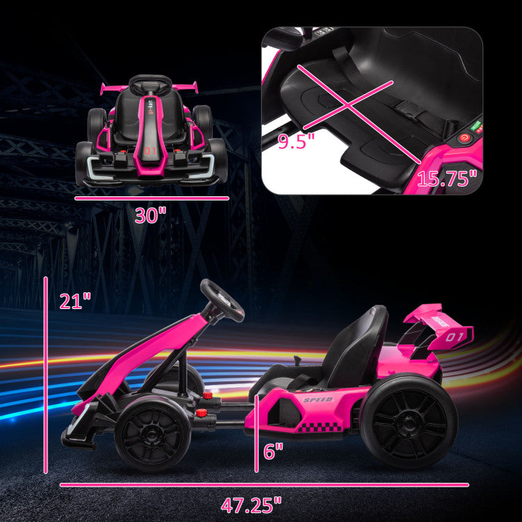 Aosom 24V 7.5 Mph Electric Go Kart With Adjustable Seat, Drifting Car Battery Powered Ride On Toy Outdoor With Slow Start, Button Start, Music, Honking Horn, Lights, For 6 12 Years Old, Pink