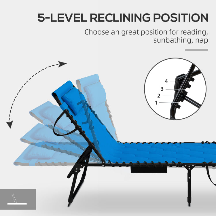 Outsunny Folding Chaise Lounge Set With 5 Level Reclining Back, Outdoor Lounge Tanning Chair With Padded Seat, Side Pocket & Headrest For Beach, Yard, Patio, Blue