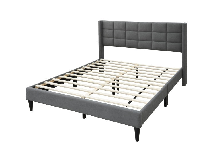 Elegant Modern 1Pc Full Size Bed Upholstered Box Design Headboard Bedframe Gray Brushed Linen