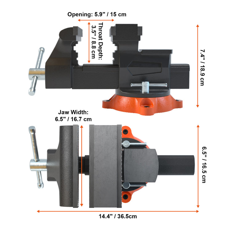 6.5" Bench Vise W 360 Swivel Locking Base & Two Way Jaw Ductile Iron