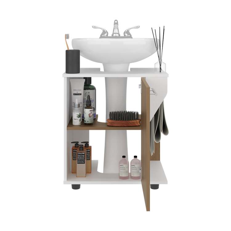 White And Natural Oak Under Sink With Storage Cabinet And Pedestal Sink