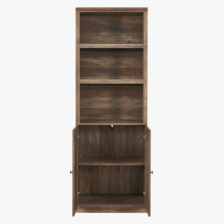 1 Doors Bookshelf With Usb Port And 3 Open Shelves Bookcase Side Cabinet Storage Shelves, Rustic Brown