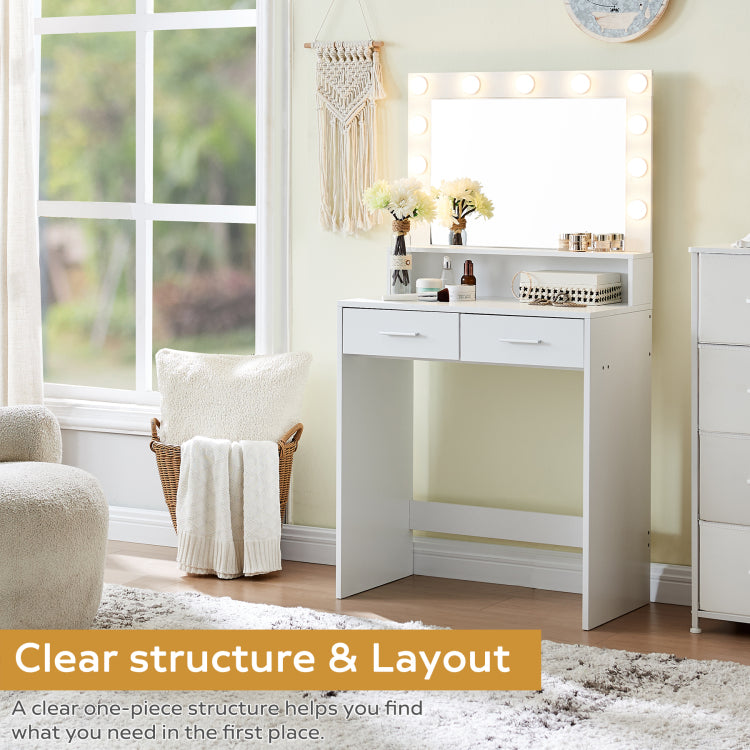 Vanity Desk With Mirror And Lights, Dressing Table With Large Drawer, 2 Level Storage Dresser & 3 Lighting Modes Adjustable Brightness, Suitable For Bedroom White