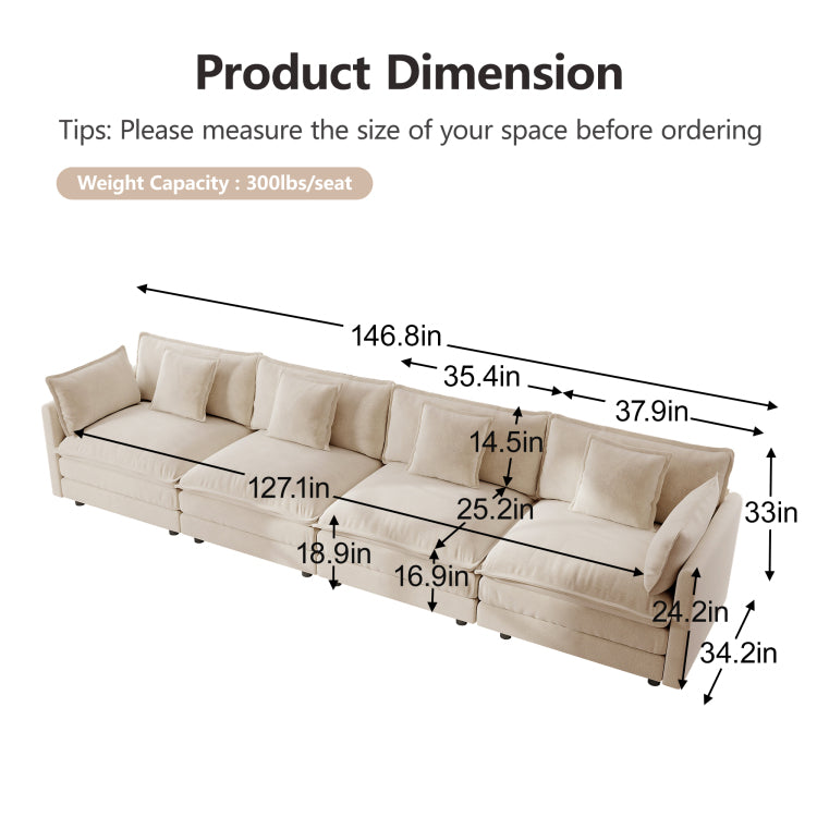 Free Combination Modular Sofa Free,4 Seater Sofa Comfy Chenille Fabric,Sectional Sofa Couch,Light Coffee Chenille