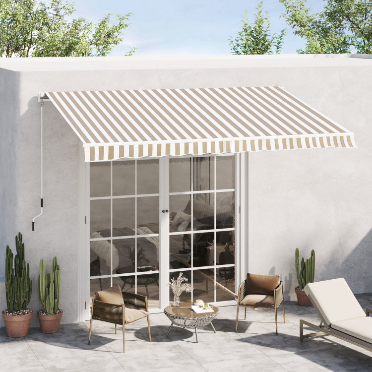 Outsunny 12' X 10' Retractable Awning Patio Awnings Sun Shade Shelter With Manual Crank Handle, 280G M Uv & Water Resistant Fabric And Aluminum Frame For Deck, Balcony, Yard, Beige And White