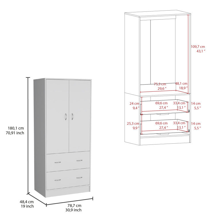 Taly Armoire With Double Doors, 2 Drawers, And Hanging Rod White