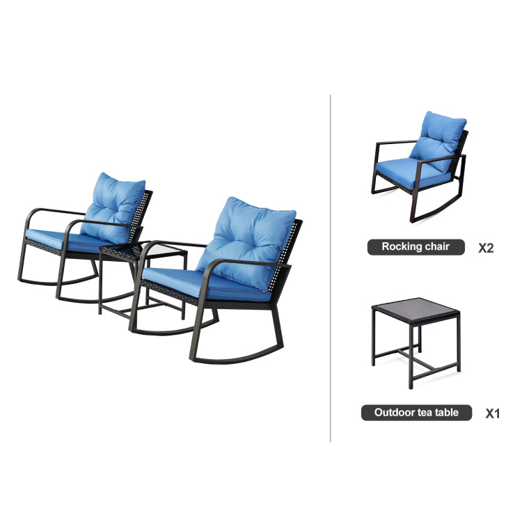 3 Pieces Patio Bistro Set Outdoor Rocking Chair W Blue Cushion For Yard Garden Poolside