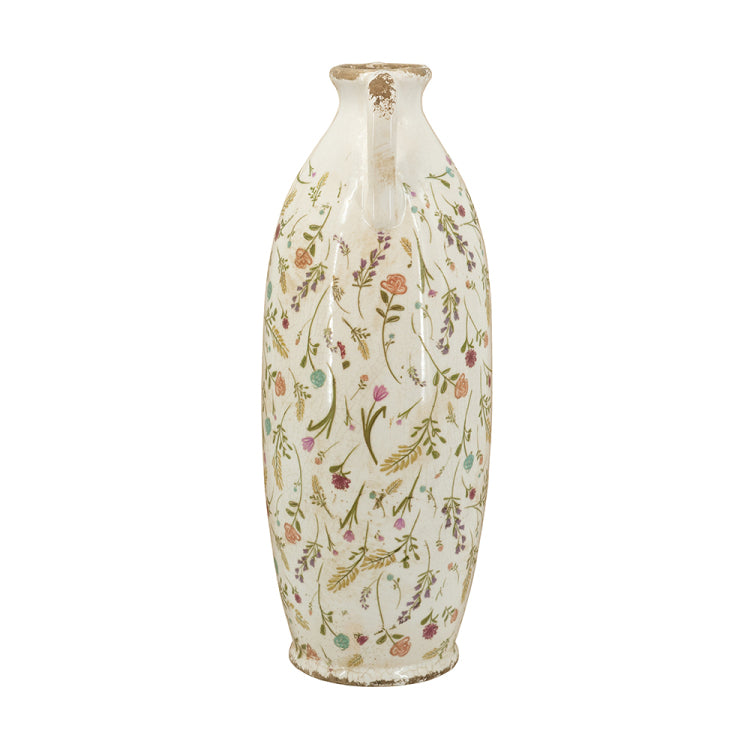 5.9X5.9X15.6" Decorative Ceramic Amphora Vase With Multi Colored Floral Motifs