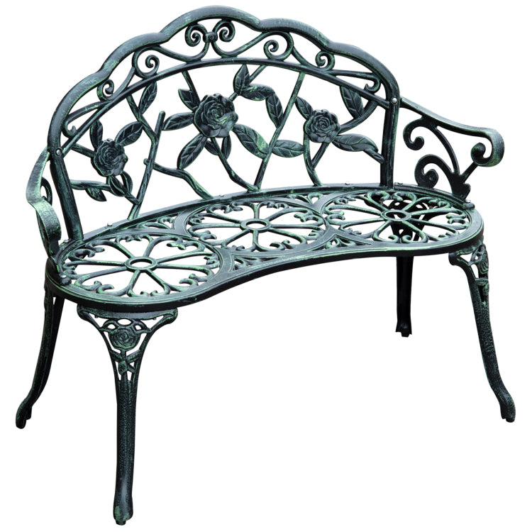 Outsunny Outdoor Bench, Cast Aluminum Outdoor Furniture, Metal Bench With Floral Rose Accent & Antique Finish, Green