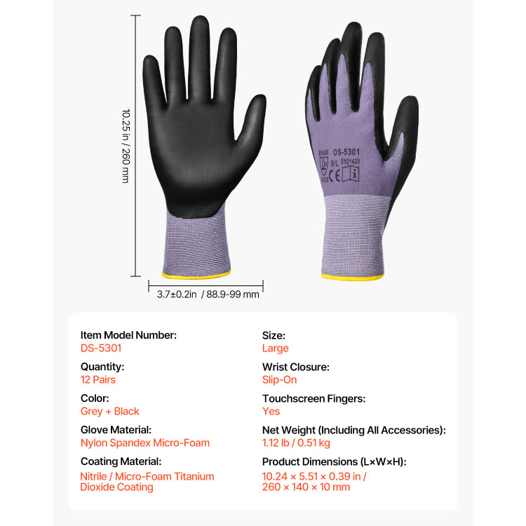 Work Gloves 12 Pair Touch Screen Nitrile Coated Garden Construction Gloves