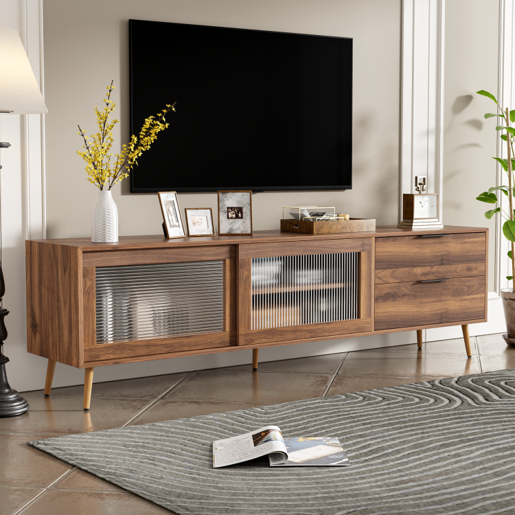 Modern Tv Stand For 75" Tv, Tv Console With 2 Glass Doors, Entertainment Center With 2 Drawers & Storage Cabinet, 70" Media Console Table For Living Room, Bedroom