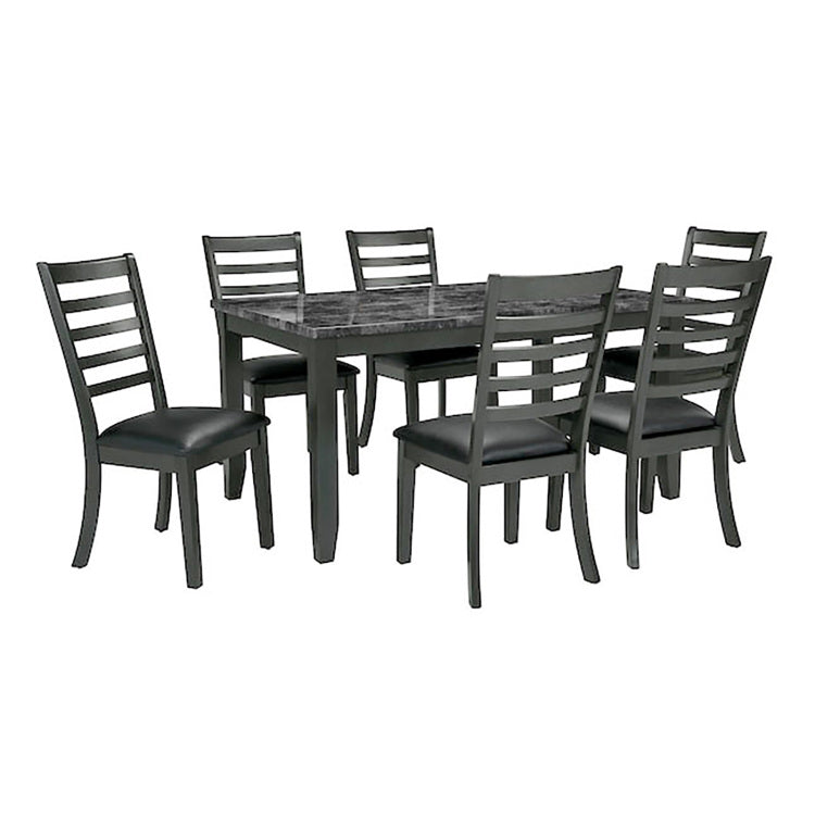 Simple Classic Dark Gray 7Pc Dining Set Faux Marble Top Dining Table 6Xside Chairs Fabric Seats Dining Room Furniture