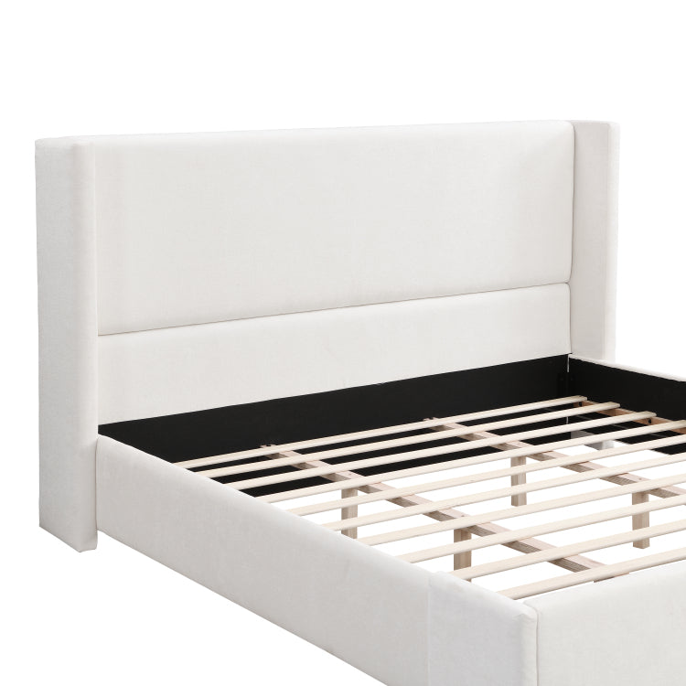 Elegant White Fabric Upholstered Bed With Tall Headboard, White, King