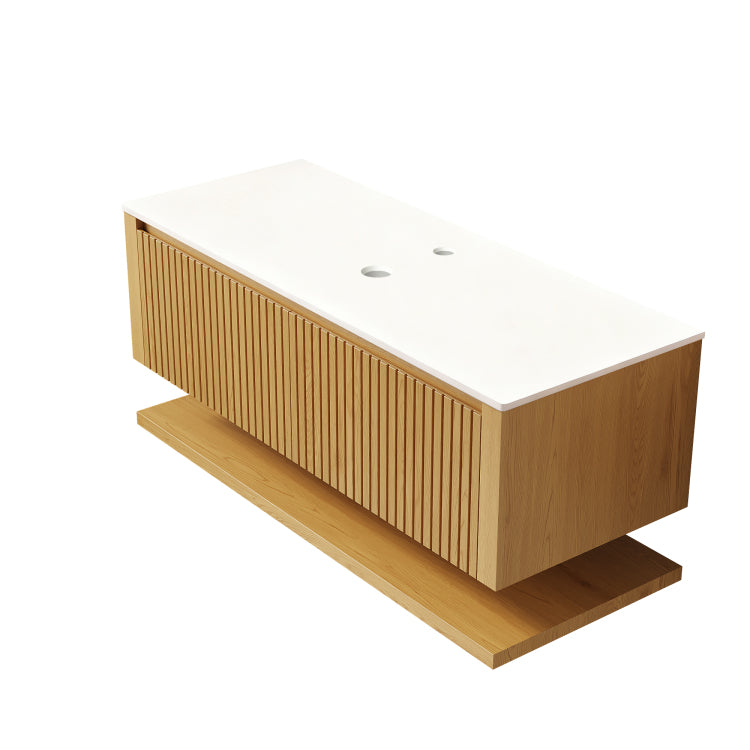 Hizon 48" Wall Mounted Corolla Oak Woodgrain Plywood Bathroom Storage Cabinet With Drawer And Shelf, White Sintered Stone Countertop, No Basin, No Faucet And Sink Cover