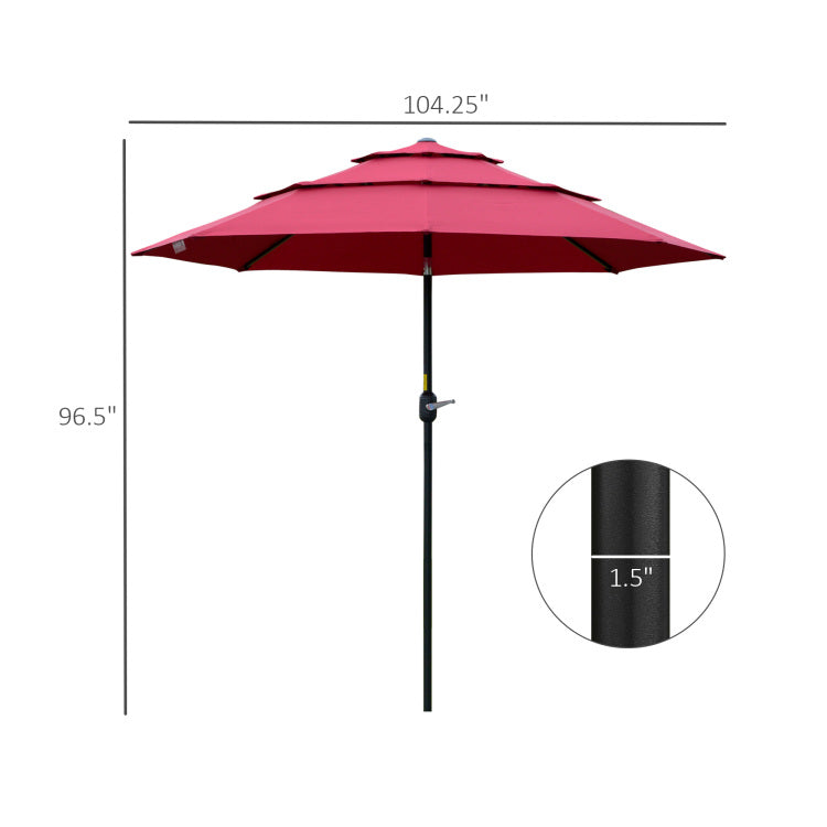 Outsunny 9Ft 3 Tiers Patio Umbrella Outdoor Market Umbrella With Crank, Push Button Tilt For Deck, Backyard And Lawn, Wine Red