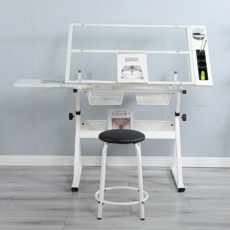 White Adjustable Tempered Glass Drafting Printing Table With Chair