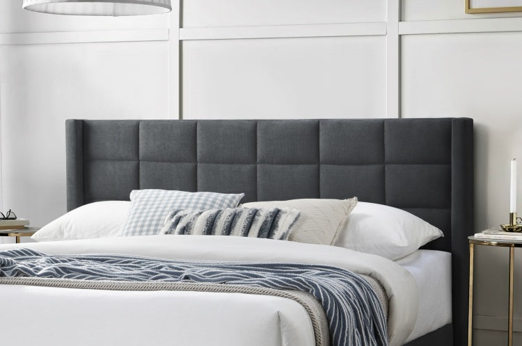 Elegant Modern Charcoal Brushed Linen 1Pc Queen Size Bed Upholstered Box Design Headboard Bedframe