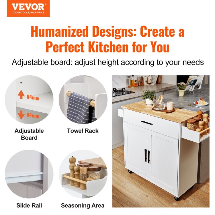 Kitchen Island Cart With Solid Wood Top, 35.4" Width Mobile Carts With Storage Cabinet, Rolling Kitchen Table With Spice Rack, Towel Rack, Drop Leaf And Drawer, Portable Islands On Wheels, White