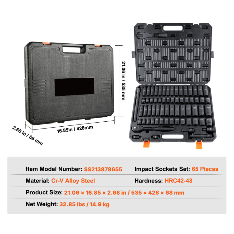1 2" Drive Impact Socket Set, 65 Piece Socket Set Sae 3 8" To 1 1 4" And Metric 10 24Mm, 6 Point Cr V Alloy Steel For Auto Repair, Rugged Construction, Easy To Read Size Markings, Storage Case
