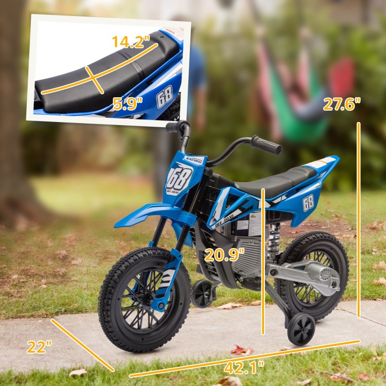 Qaba Kids Dirt Bike With Twist Grip Throttle, 12V Electric Motorcycle, Electric Bike For Toddler With Training Wheels, Rear Suspension & Music, Blue