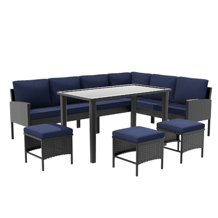 Small Space Patio Furniture 7 Piece Outdoor Furniture Set, Backyard Furniture Set, Waterproof Seat Cushion, Glass Table, Space Saving, Suitable For Backyard, Terrace Or Garden,Dark Blue