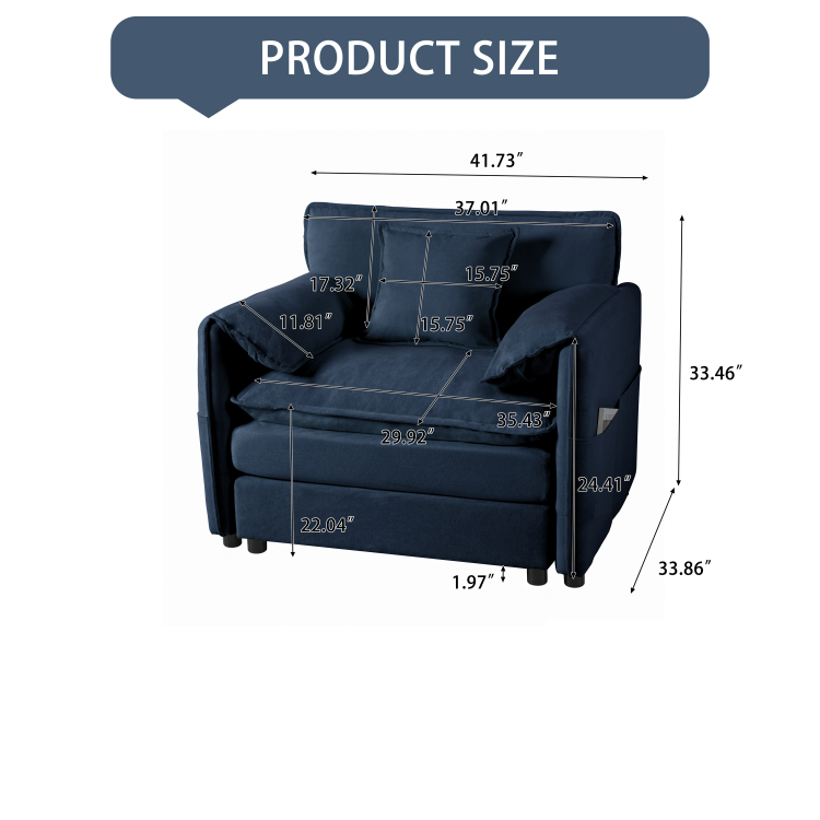 Oversized 41.73" Sofa Chair, Modern Upholstered Armchair With 1 Toss Pillow, Modular Sectional Sofa For Living Room, Deep Seat Reading Sofa For Bedroom Apartment, Diy Combination Chenille,Blue