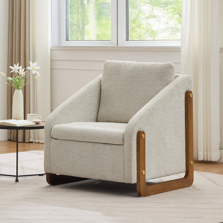 057 Set Of 1 Chenille Fabric Modern Upholstered Armchair With Wooden Side Frame , Accent Leisure Chair With Cushioned Seat And Backrest For Living Room, Bedroom,Beige