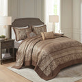 5 Piece Reversible Jacquard Bedspread Set Brown Gold Queen