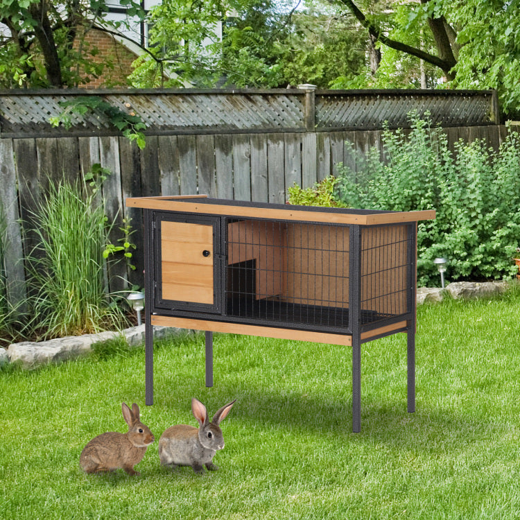 Pawhut Rabbit Hutch Elevated Bunny Cage Small Animal Habitat With Metal Frame, No Leak Tray, Mtetal Wire Pan And Openable Water Resistant Asphalt Roof For Indoor Outdoor Natural Wood
