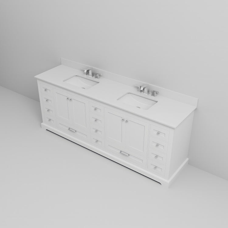 White Double Bath Vanity 84 In. W X 22 In. D, Cultured Marble Top, And Faucet Set