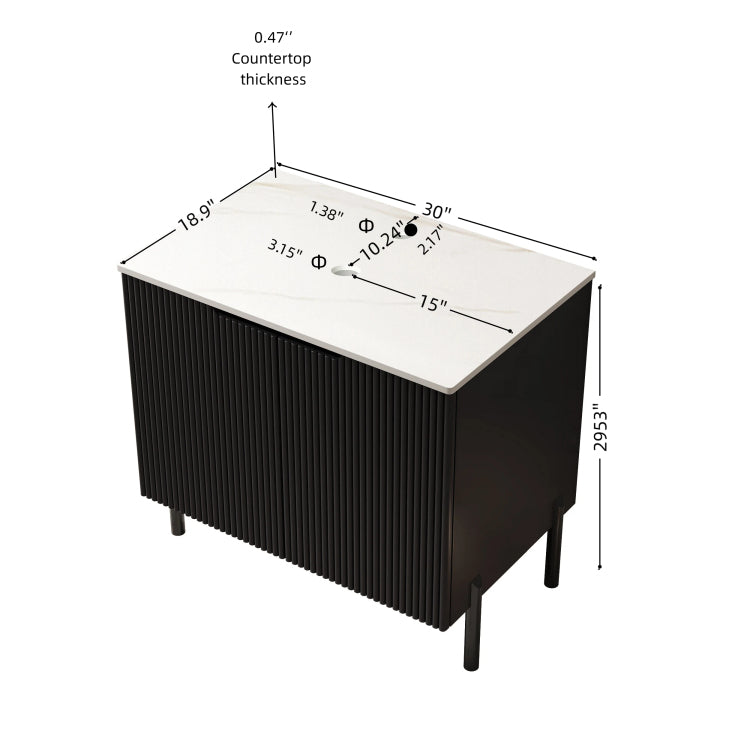 30" Turio Freestanding Carrara White Sintered Stone Countertop And Black Plywood Cabinet With Two Doors, No Basin, No Faucet And Sink Cover