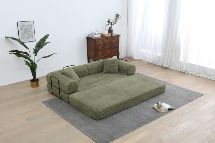 Convertible Sleeper Sofa Bed With Cylindrical Pillow Corduroy Folding Mattress Couch With Fixed Shape Frame For Living Room, Bedroom, Lounge, Studio Light Green