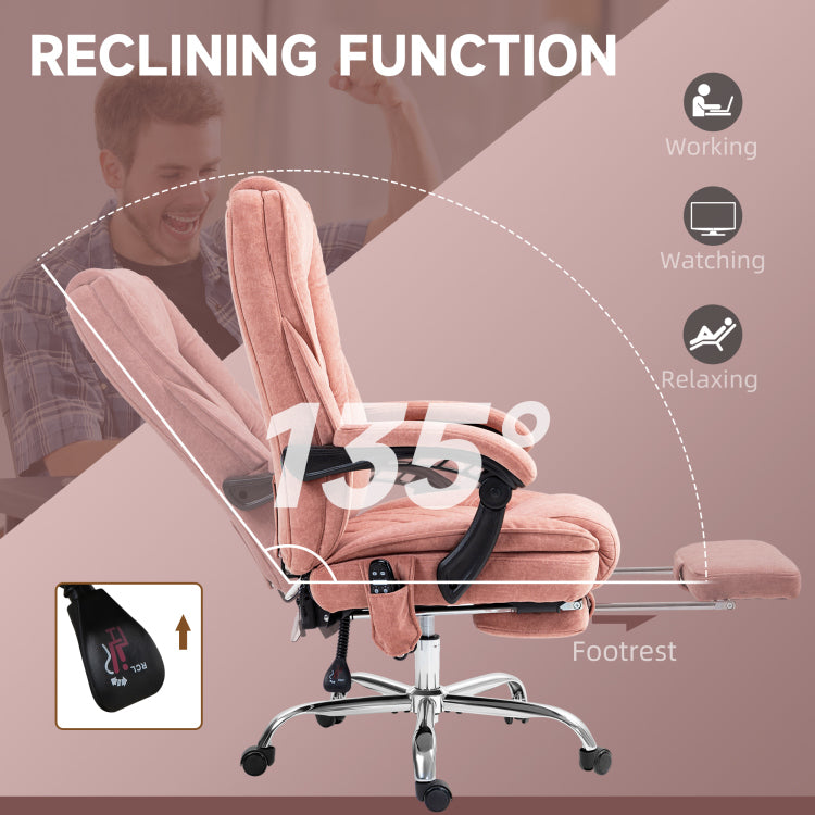 Heated Reclining Massage Office Chair With Adjustable Height And Footrest, Pink