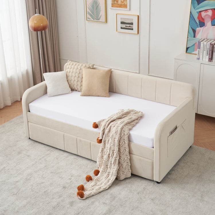 Twin Upholstered Daybed Frame With Trundle, Twin Size Sofa Bed For Bedroom Living Room Guest Room, Wood Slat Support, Beige