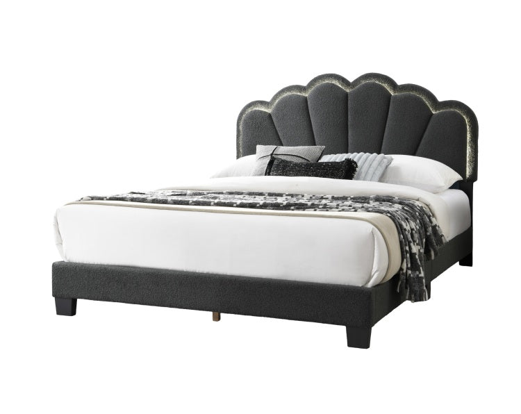 Full Size Bed Charcoal Wool Fabric Floral Design Headboard W Led Fully Upholstered Platform Bedroom Furniture