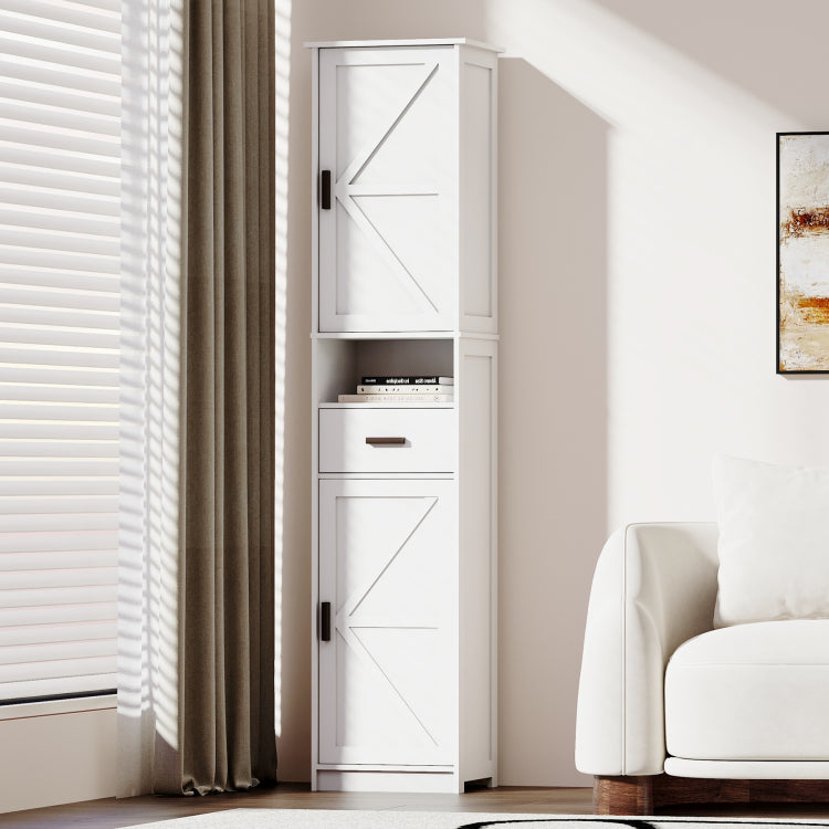 69" H Tall Bathroom Storage Cabinet With 2 Barn Doors And 1 Drawer, Narrow Storage Unit, Adjustable Shelves,Floor Cabinet For Bathroom, Living Room, Entryway,Kitchen, White