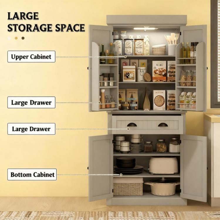 Modern Style Kitchen Pantry Cabinet With Led Lights,Door Shelves,Drawer And Adjustable Shelves