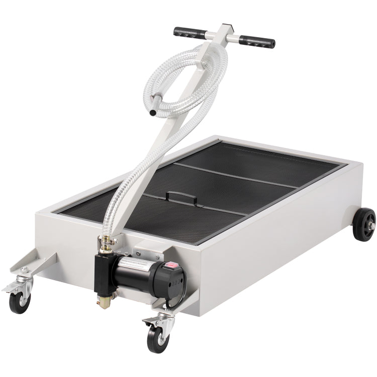 Low Profile Oil Drain Pan, 20 Gallon Capacity, Rolling Oil Drain Pan With Electric Pump, 7.2 Ft Hose & T Folding Handle, Leak Proof & Corrosion Resistant, Fit For Cars, Suvs, Trucks, Atvs, White